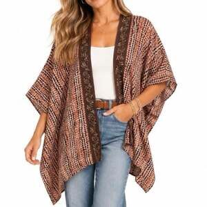 Soft Surroundings Korra Tweed Beaded Boho Poncho Cape Wrap One Size Pink Black